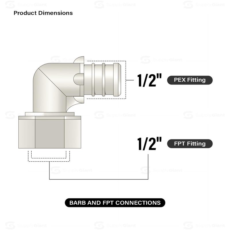SUPPLYGIANT Supply Giant QQTM1212-5 Plastic Poly Alloy 90 Degree Swivel Elbow PEX x FPT Barb Pipe Fitting 1/2'' x 1/2'' White (5 Pack) - Image 3